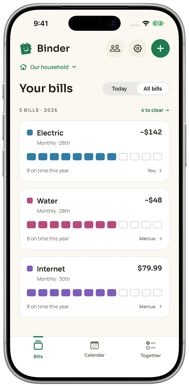 Binder on iPhone showing electric, water and internet bills, their amounts, due dates and recorded payment history.