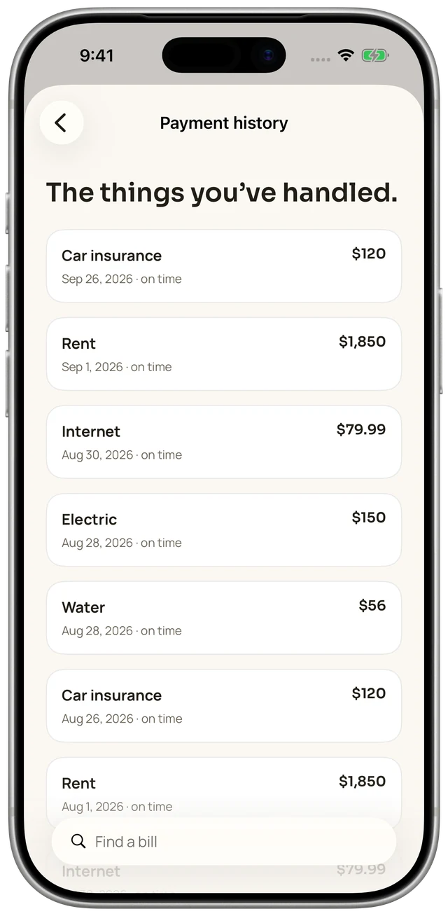 Binder payment history with recorded dates, amounts and payment statuses.