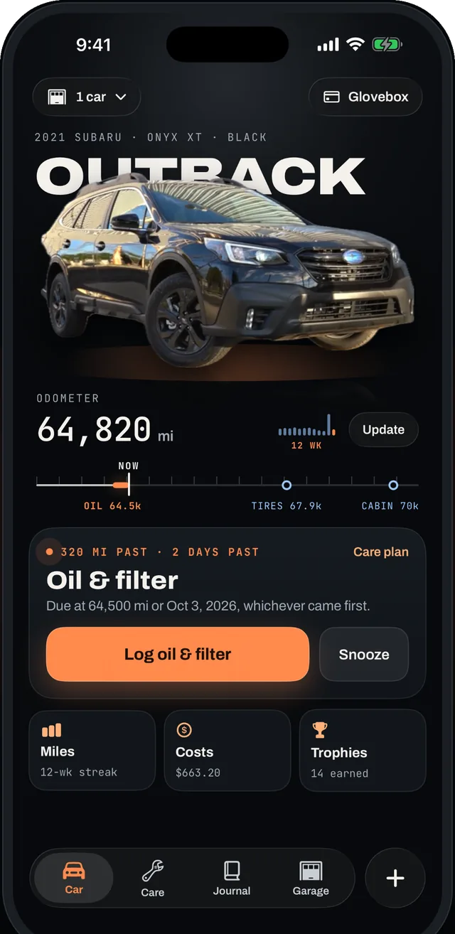 Ignition home screen for a 2021 Subaru Outback with its odometer, the next service due and quick links to miles, costs and trophies.