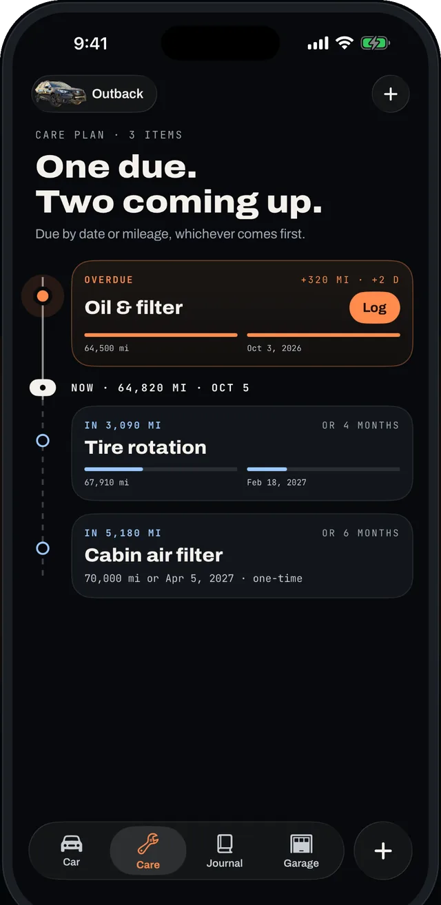 Ignition care plan showing an overdue oil and filter change, then a tire rotation and cabin air filter coming up by mileage.