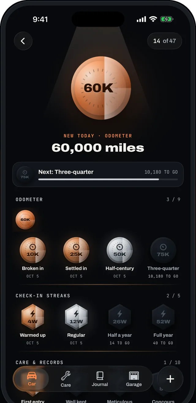 Trophy case with a 60,000 mile milestone and check-in streak trophies.