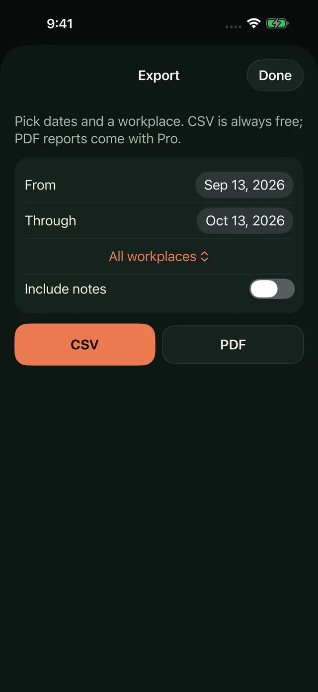 Pocket export screen with a date range, workplace filter, a notes switch and CSV or PDF buttons.