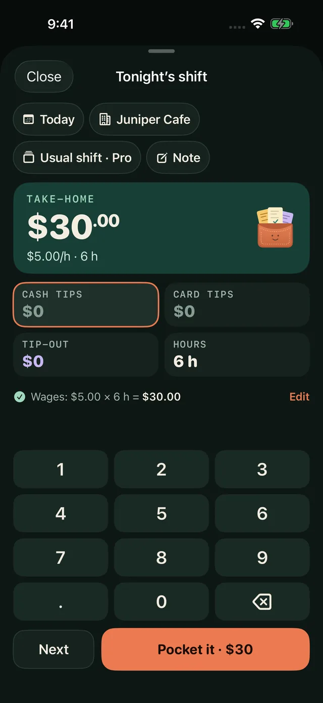 Logging tonight’s shift at Juniper Cafe: cash tips, card tips, tip-out and hours, with $30.00 take-home from $5.00 an hour wages.