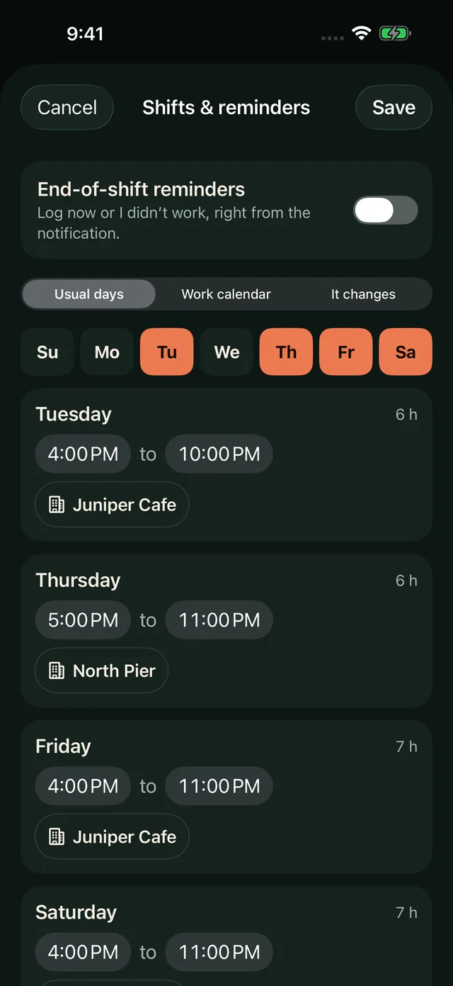 Shifts and reminders settings with usual shifts on Tuesday, Thursday, Friday and Saturday evenings.