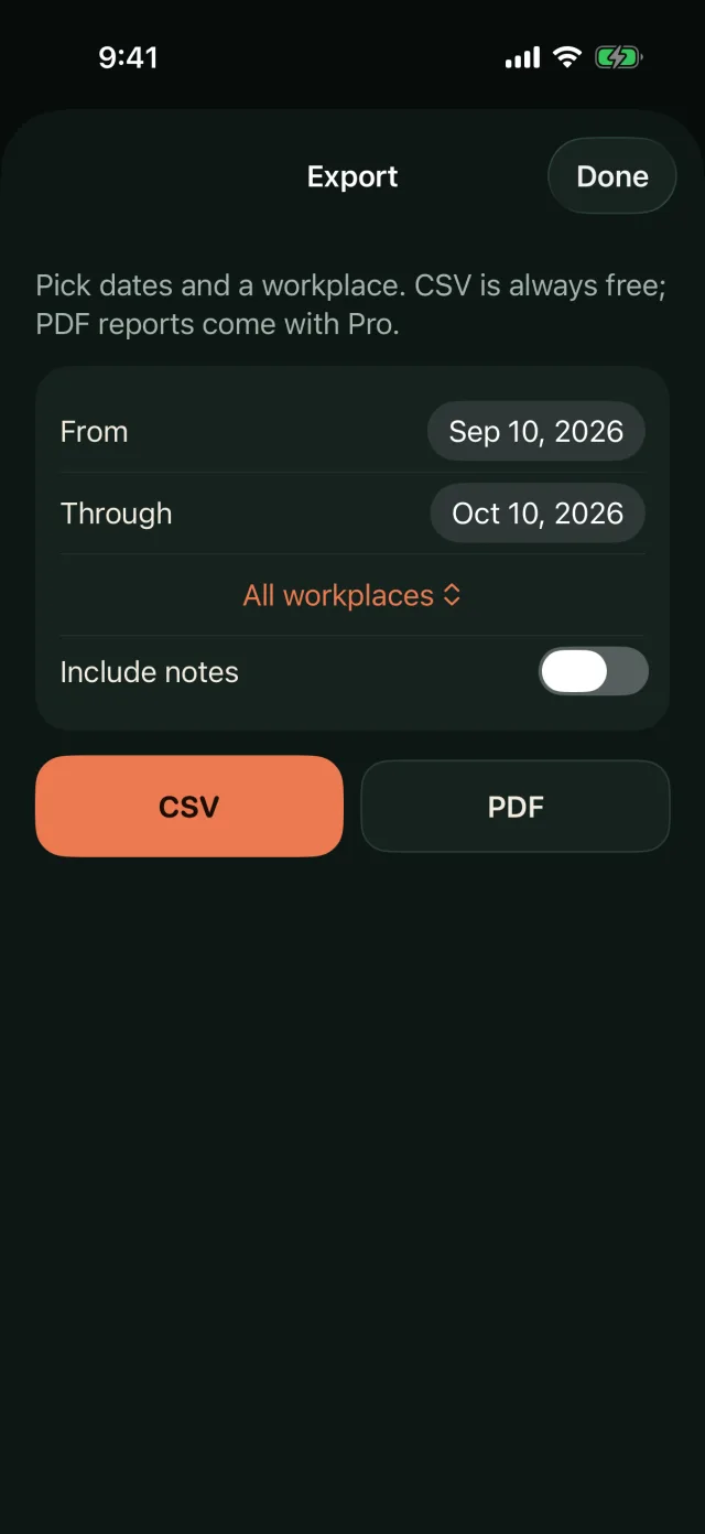 Tipfold export screen with a date range, workplace filter, a notes switch and CSV or PDF buttons.
