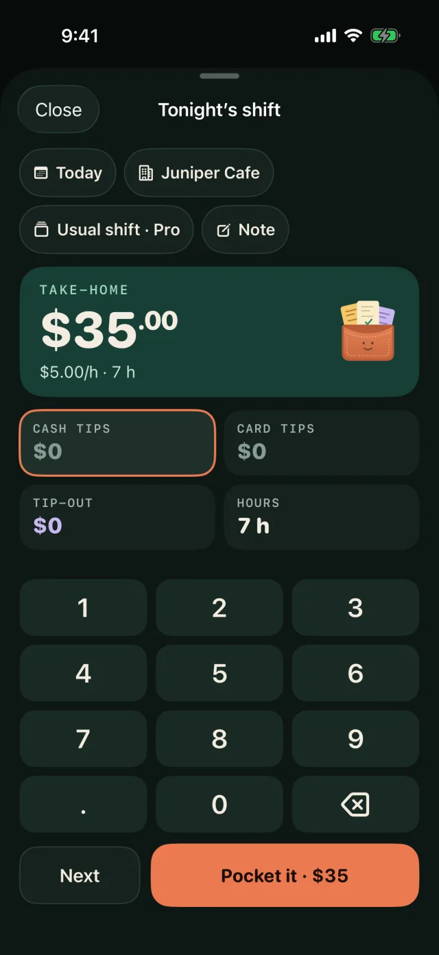 Logging tonight’s shift at Juniper Cafe: cash tips, card tips, tip-out and hours, with $30.00 take-home from $5.00 an hour wages.