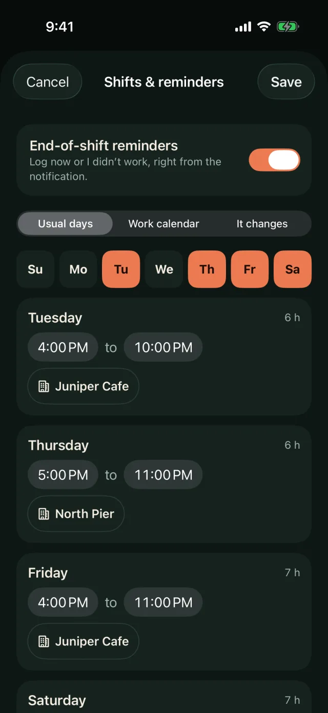 Shifts and reminders settings with usual shifts on Tuesday, Thursday, Friday and Saturday evenings.